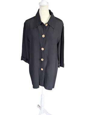 D.J. Summers black 3/4 sleeve button down collared tunic top women's size 8